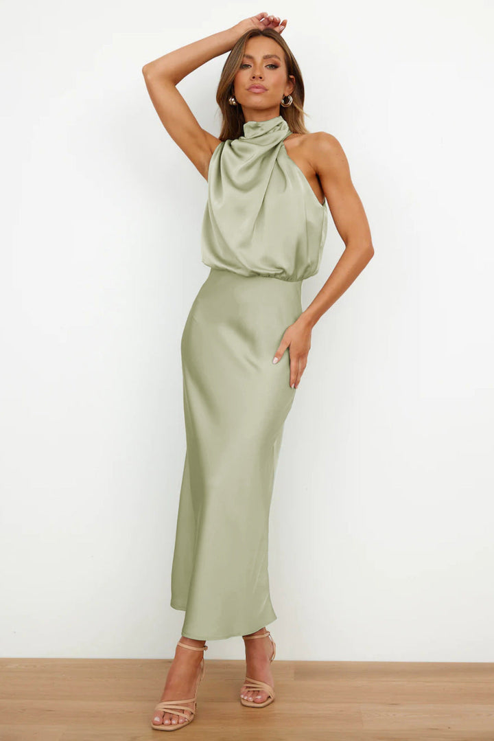 Robe midi satinée à col drapé | Élégance fluide