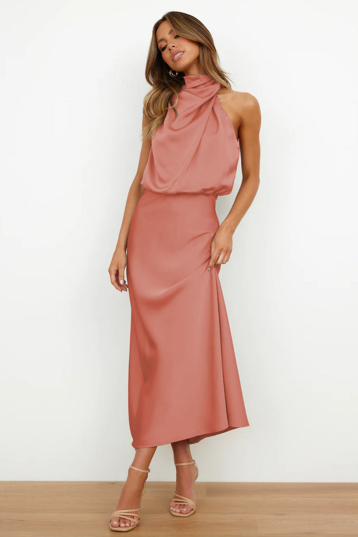 Robe midi satinée à col drapé | Élégance fluide