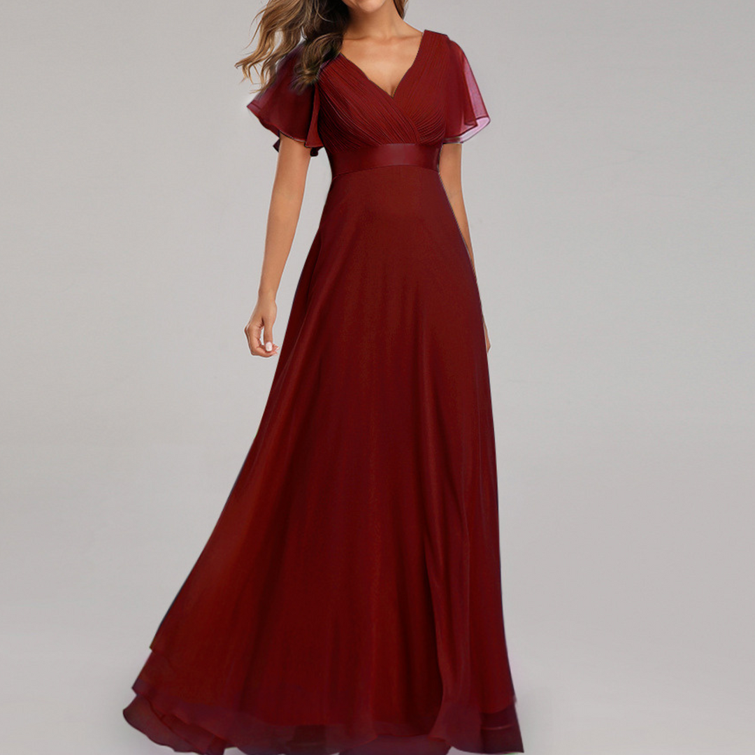 Robe de Soirée Élégante à Col en V et Manches Volantes | Silhouette Intemporelle pour Toutes les Occasions