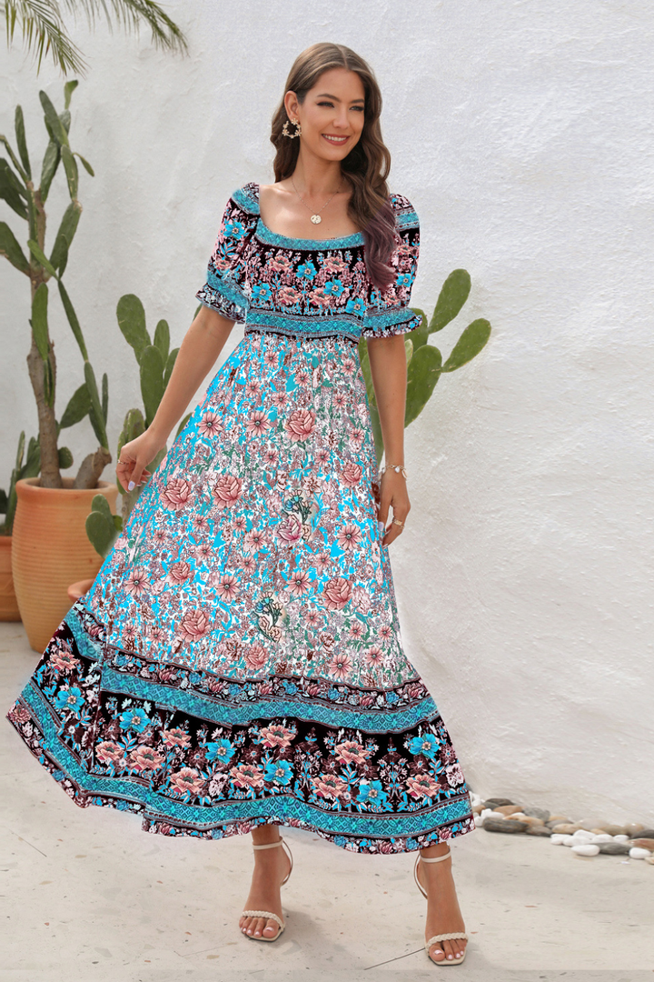 Robe maxi bohème | Détails smockés et allure fluide