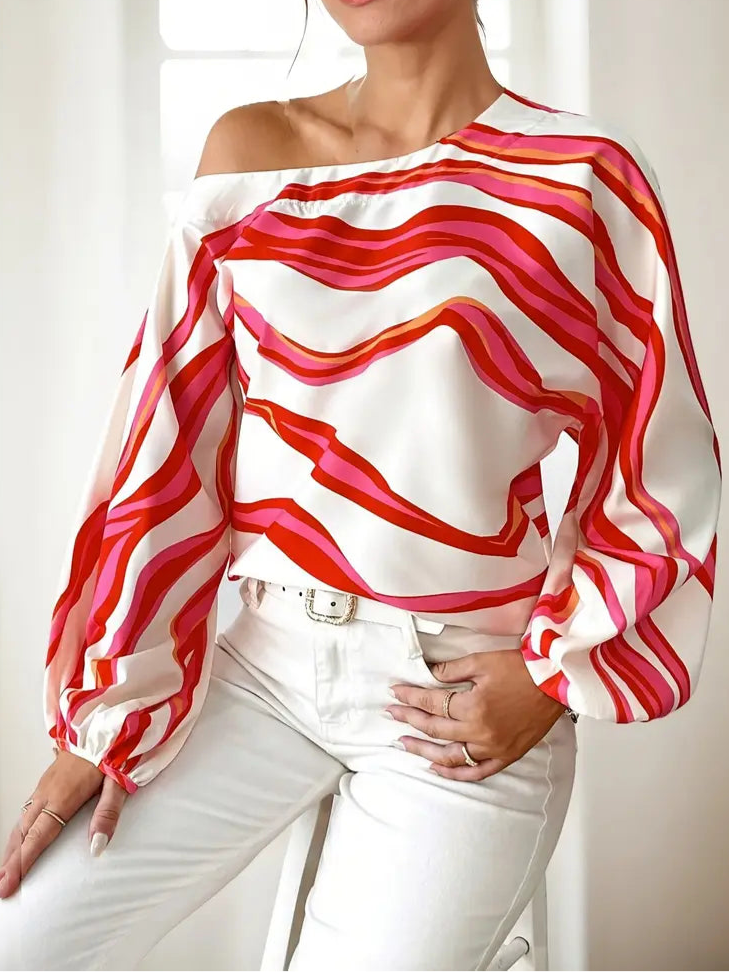 Blouse asymétrique | Détail épaule dénudée et imprimé graphique