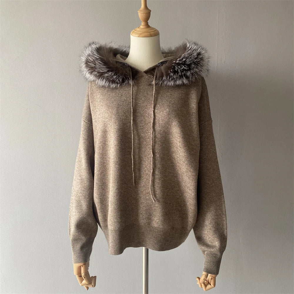 Isabelle - Ensemble Tricoté Élégant avec Col en Fourrure de Renard
