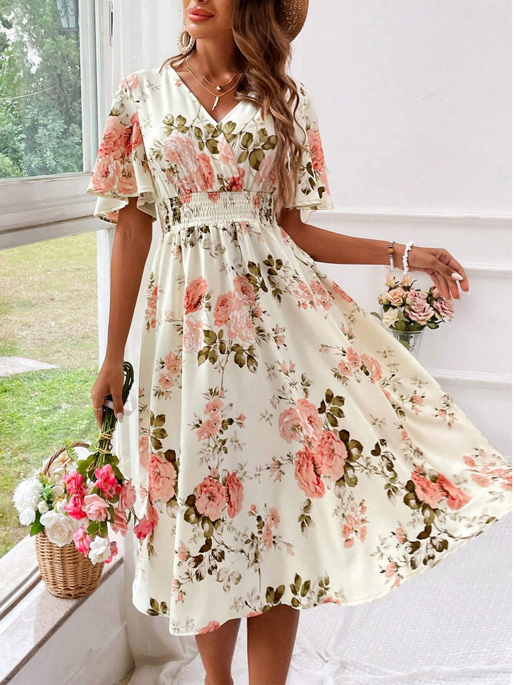 Robe midi à encolure en V | Élégance fluide et détails romantiques