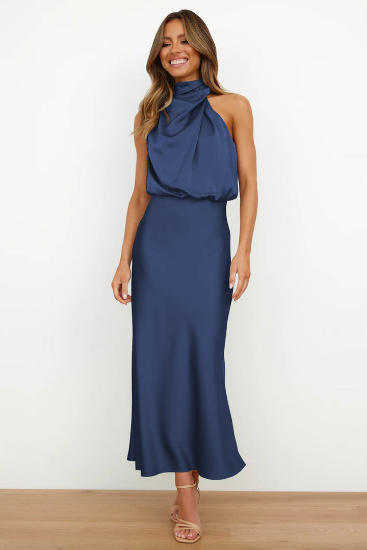 Robe midi satinée à col drapé | Élégance fluide
