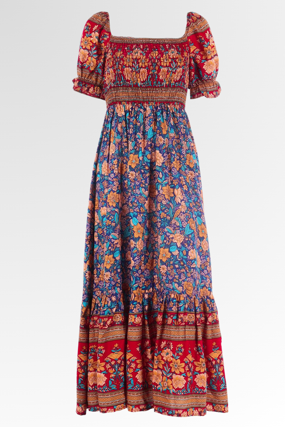 Robe maxi bohème | Détails smockés et allure fluide
