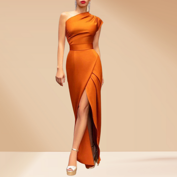 Robe longue asymétrique | Élégance satinée pour occasions spéciales
