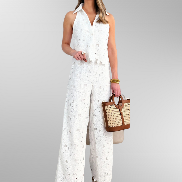 Ensemble Élégant en Dentelle Gilet et Pantalon | Style Raffiné pour les Jours d’Été