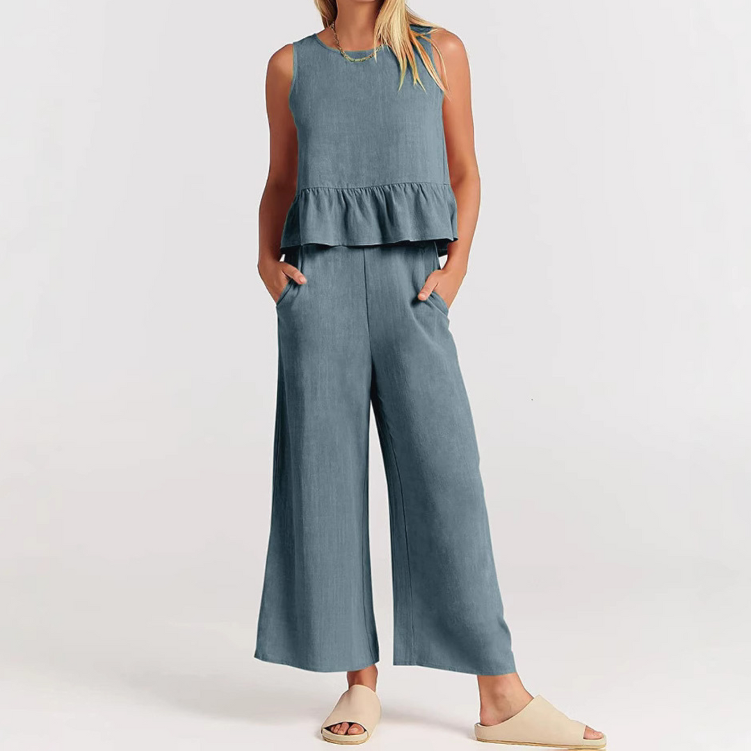 Ensemble Décontracté Haut Sans Manches à Volants & Pantalon Large | Tenue Deux Pièces Été