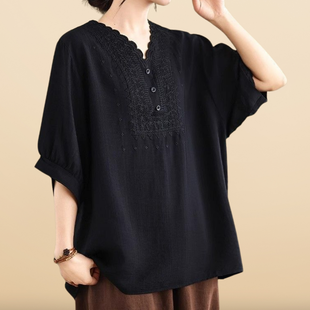 Blouse Élégante à Col V Brodé | Haut Tunique Ample à Manches Courtes