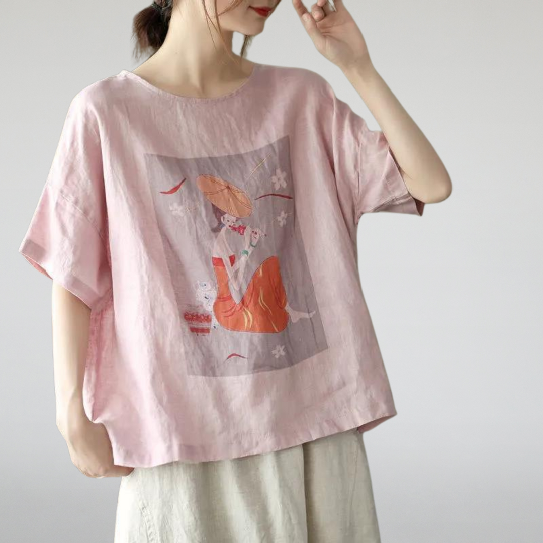 T-shirt Artistique Ample avec Imprimé Traditionnel | Confort Décontracté au Charme Culturel