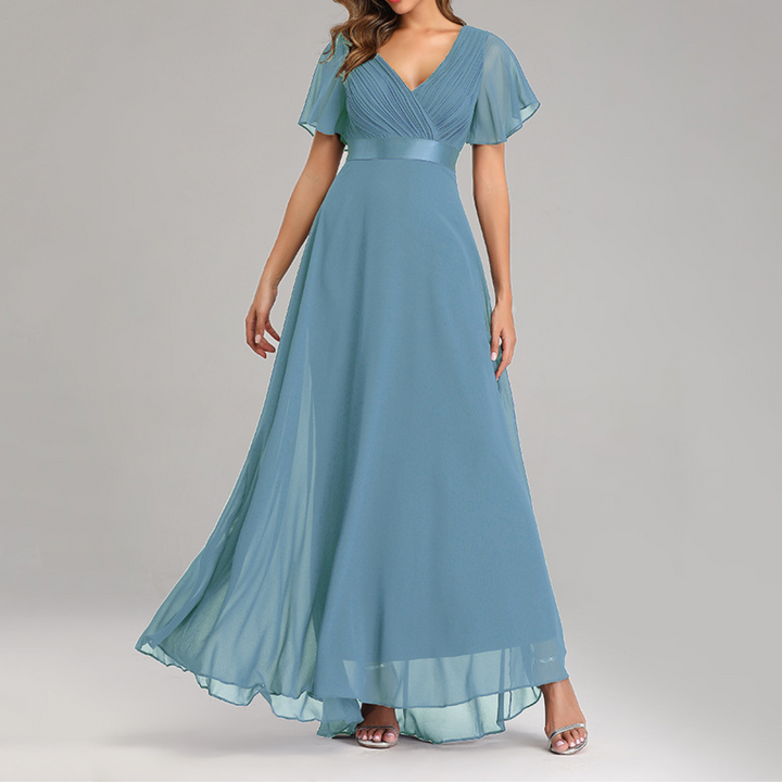 Robe de Soirée Élégante à Col en V et Manches Volantes | Silhouette Intemporelle pour Toutes les Occasions