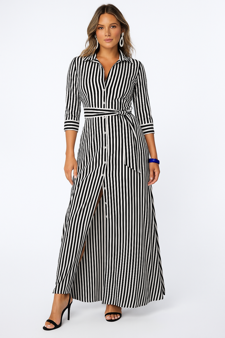 Robe longue rayée ceinturée | Élégance quotidienne à manches longues