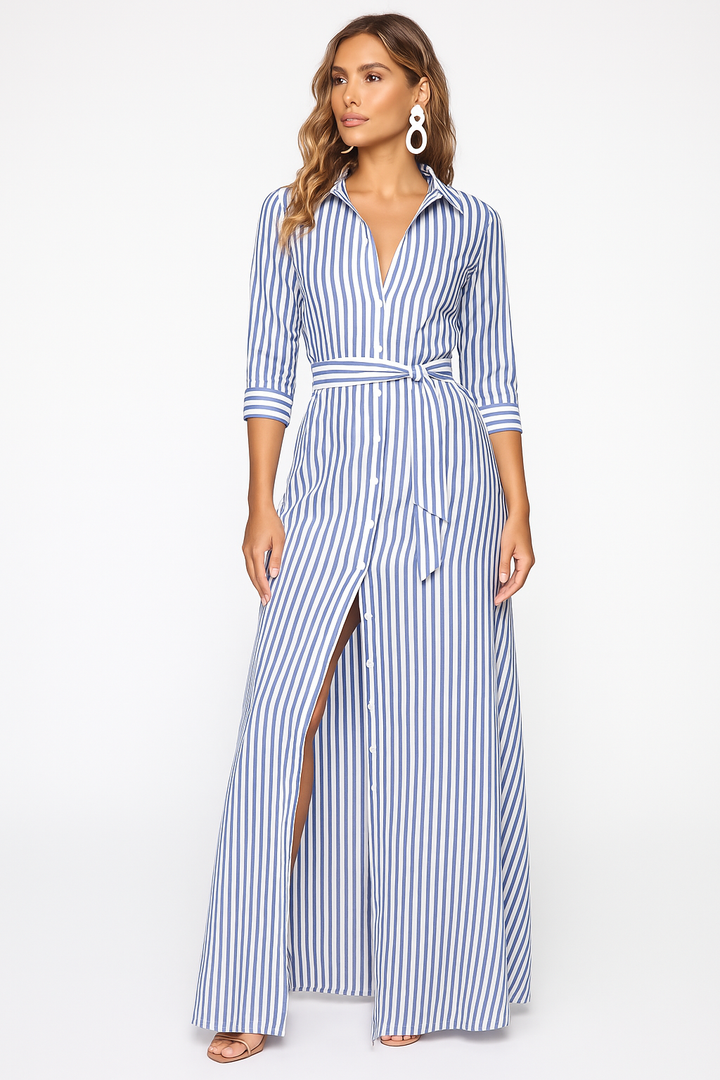 Robe longue rayée ceinturée | Élégance quotidienne à manches longues