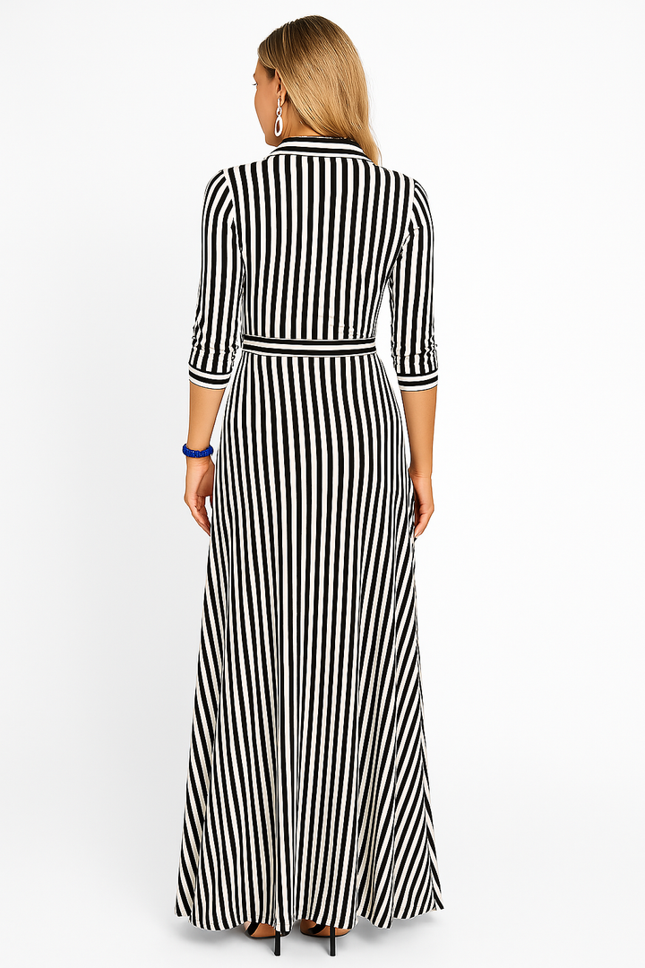 Robe longue rayée ceinturée | Élégance quotidienne à manches longues