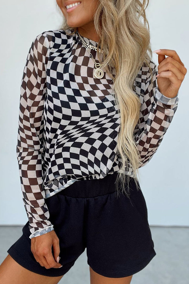 Blouse à col montant | Motif à carreaux graphique