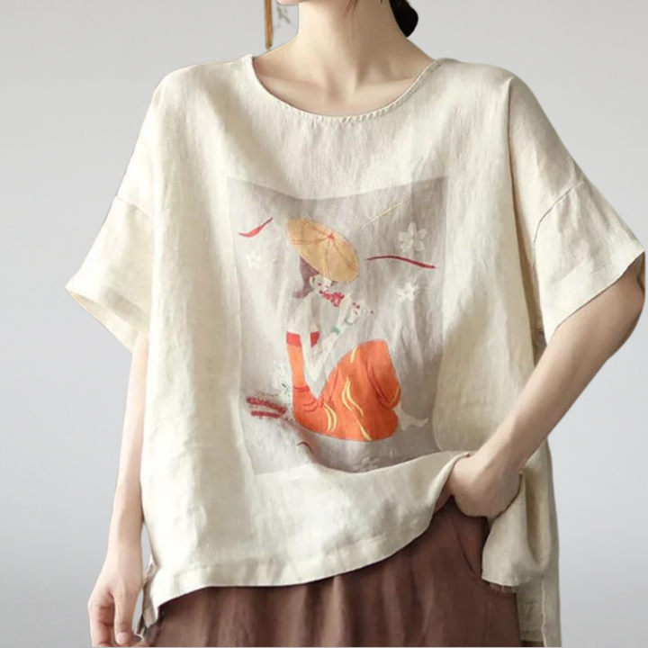 T-shirt Artistique Ample avec Imprimé Traditionnel | Confort Décontracté au Charme Culturel