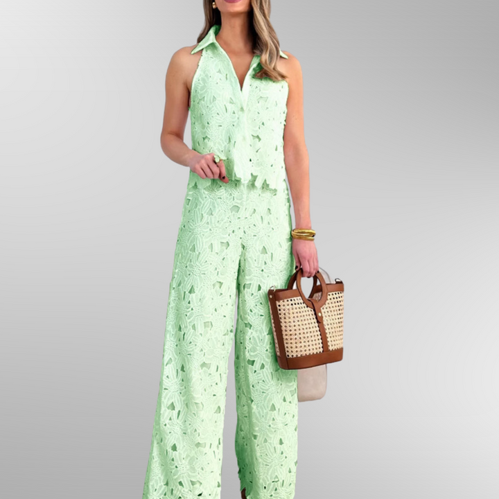 Ensemble Élégant en Dentelle Gilet et Pantalon | Style Raffiné pour les Jours d’Été