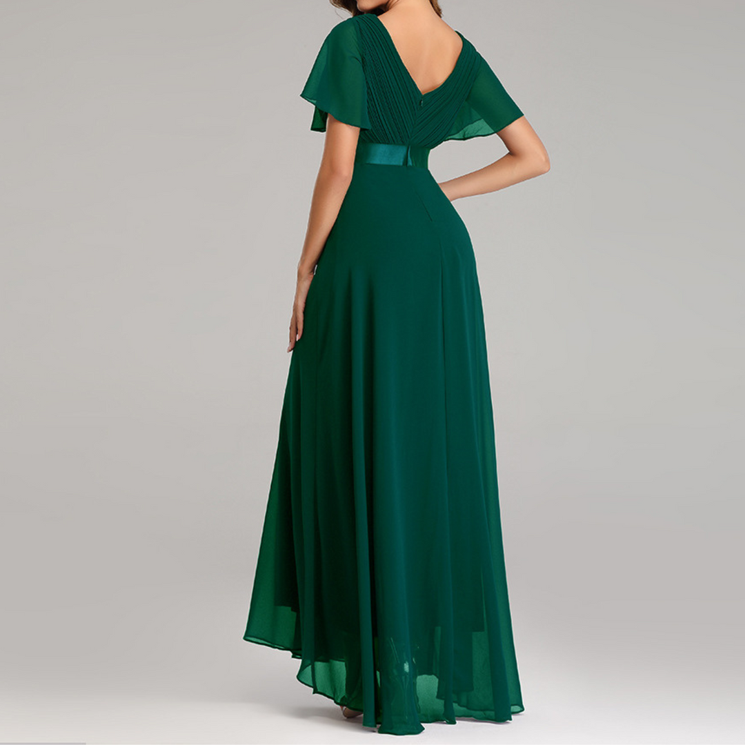 Robe de Soirée Élégante à Col en V et Manches Volantes | Silhouette Intemporelle pour Toutes les Occasions