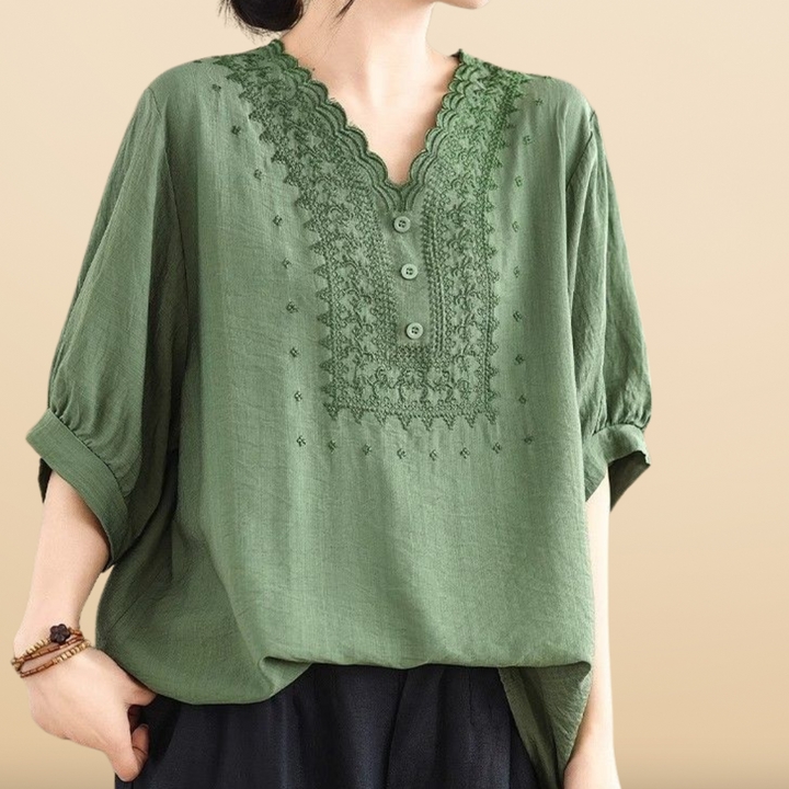 Blouse Élégante à Col V Brodé | Haut Tunique Ample à Manches Courtes