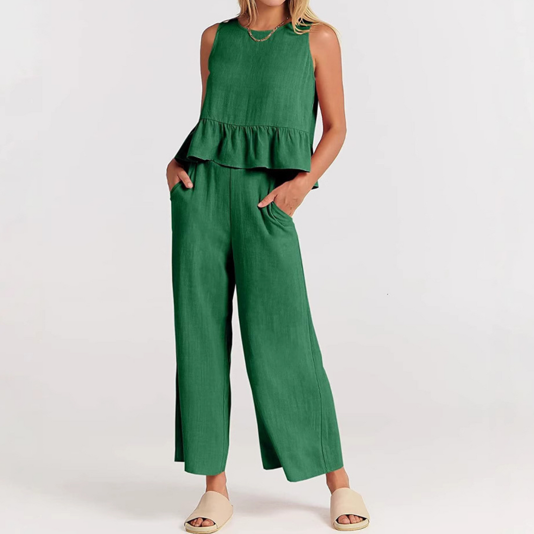 Ensemble Décontracté Haut Sans Manches à Volants & Pantalon Large | Tenue Deux Pièces Été