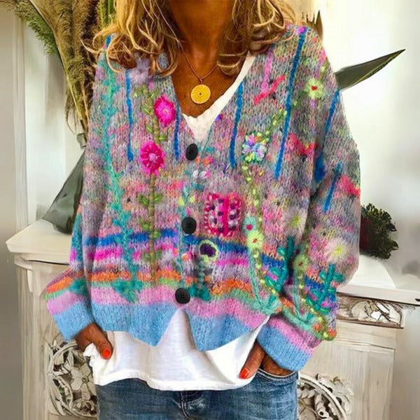 Gilet boutonné floral | Originalité chaleureuse pour l'hiver