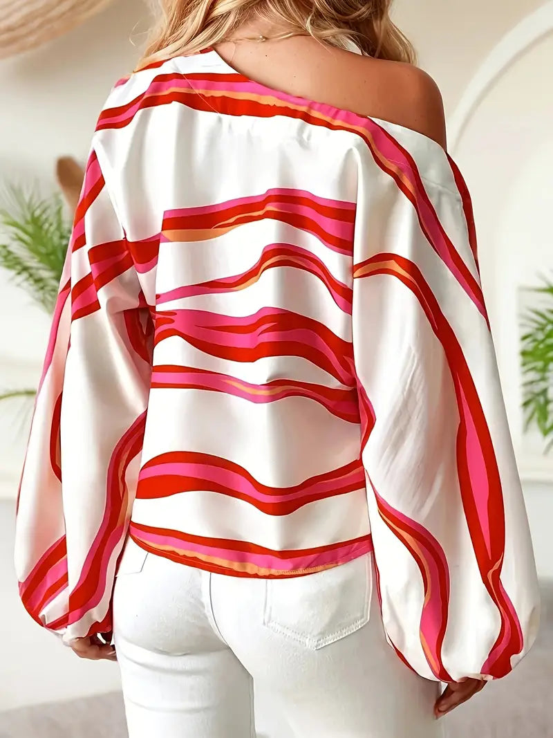 Blouse asymétrique | Détail épaule dénudée et imprimé graphique