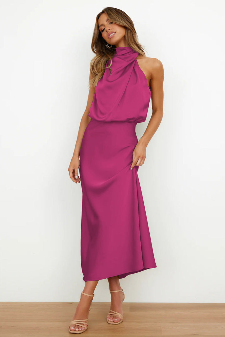 Robe midi satinée à col drapé | Élégance fluide