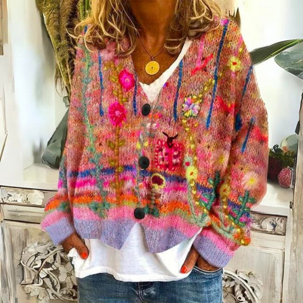 Gilet boutonné floral | Originalité chaleureuse pour l'hiver