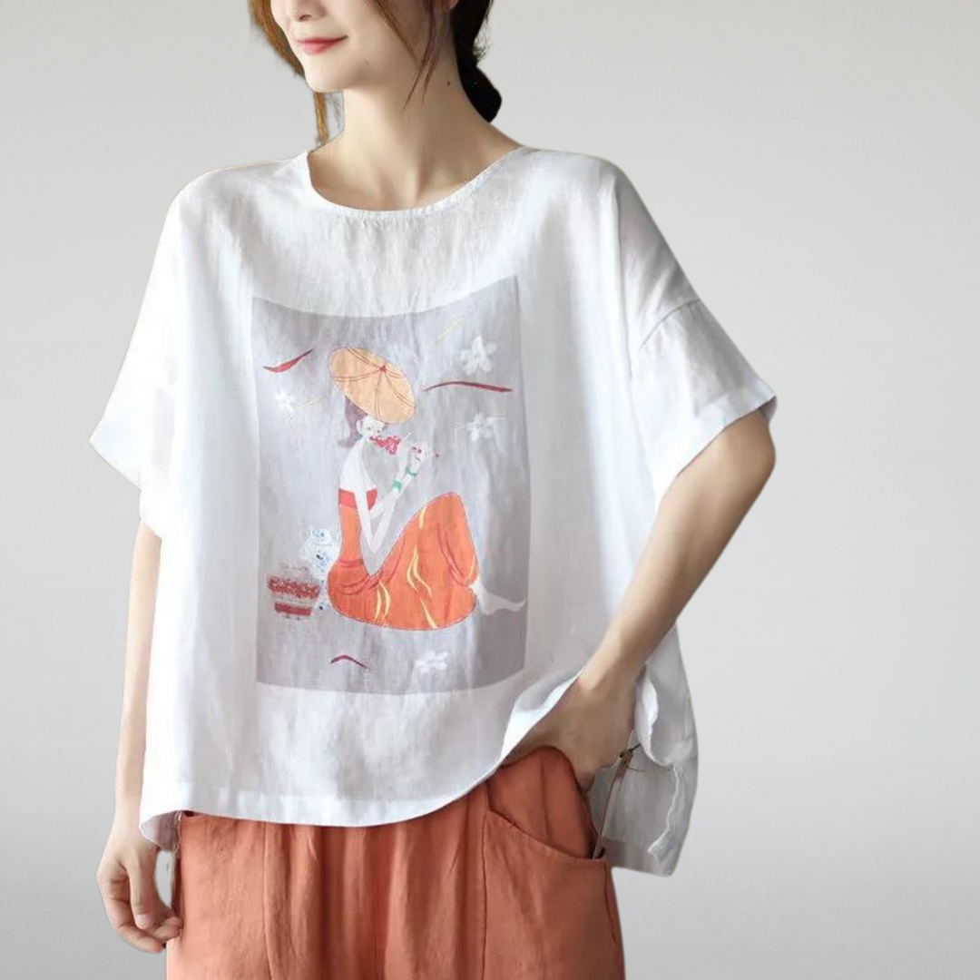 T-shirt Artistique Ample avec Imprimé Traditionnel | Confort Décontracté au Charme Culturel