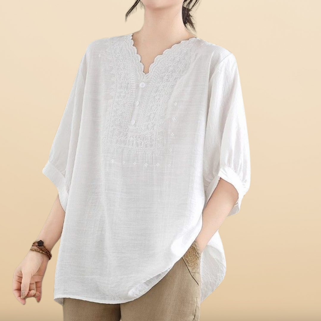 Blouse Élégante à Col V Brodé | Haut Tunique Ample à Manches Courtes