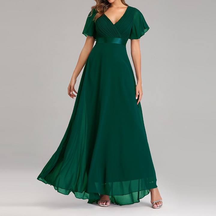 Robe de Soirée Élégante à Col en V et Manches Volantes | Silhouette Intemporelle pour Toutes les Occasions
