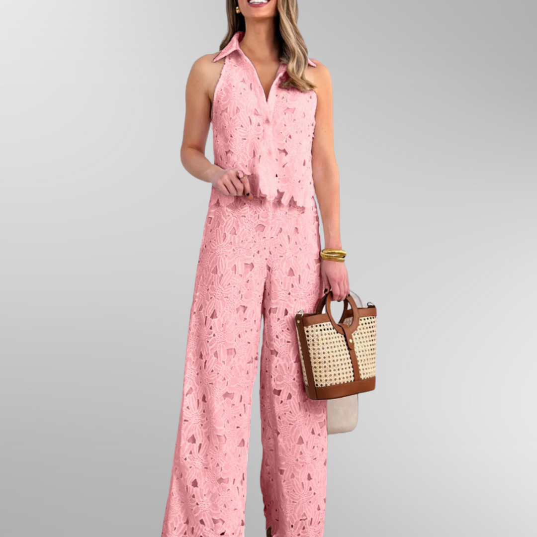 Ensemble Élégant en Dentelle Gilet et Pantalon | Style Raffiné pour les Jours d’Été