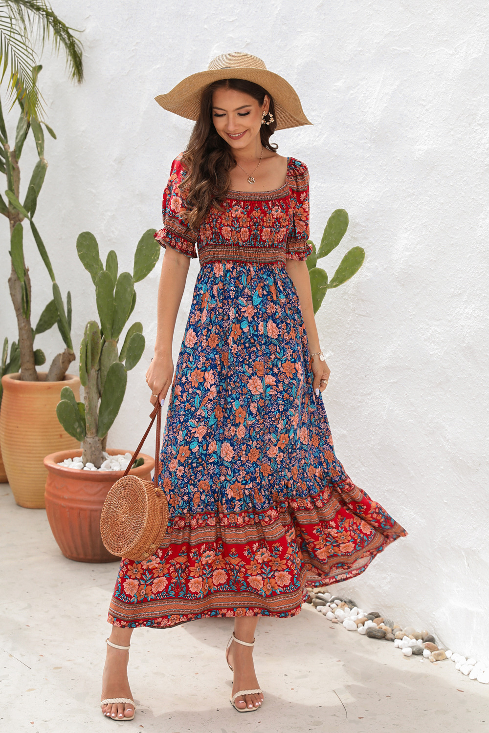 Robe maxi bohème | Détails smockés et allure fluide