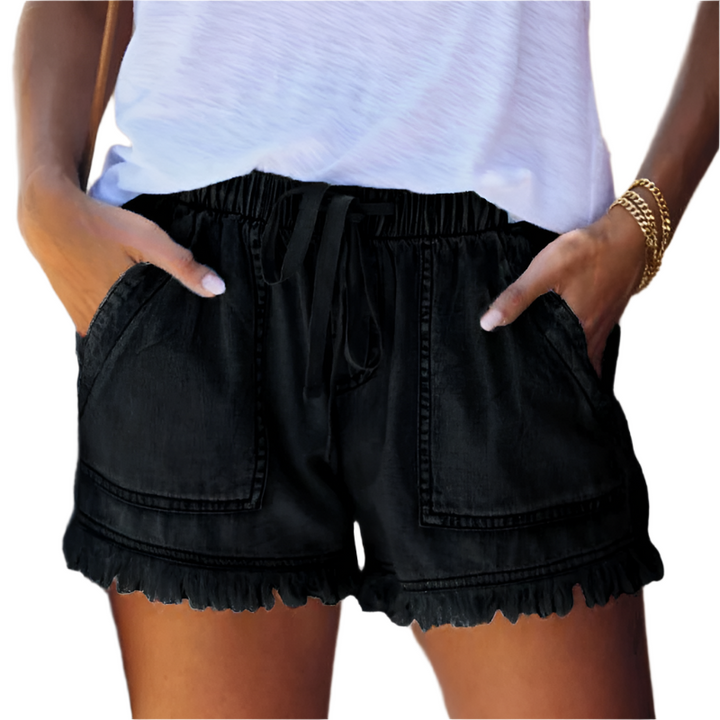 Short taille haute en denim avec détails frangés | Parfait pour les journées décontractées