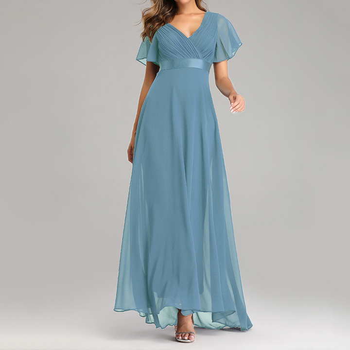Robe de Soirée Élégante à Col en V et Manches Volantes | Silhouette Intemporelle pour Toutes les Occasions