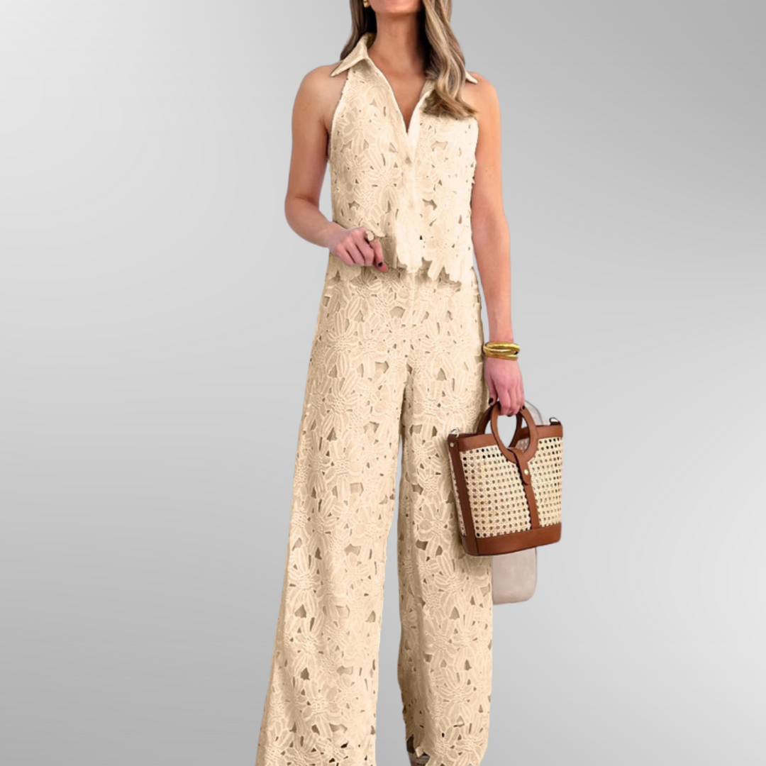 Ensemble Élégant en Dentelle Gilet et Pantalon | Style Raffiné pour les Jours d’Été