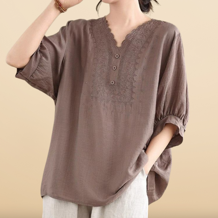 Blouse Élégante à Col V Brodé | Haut Tunique Ample à Manches Courtes