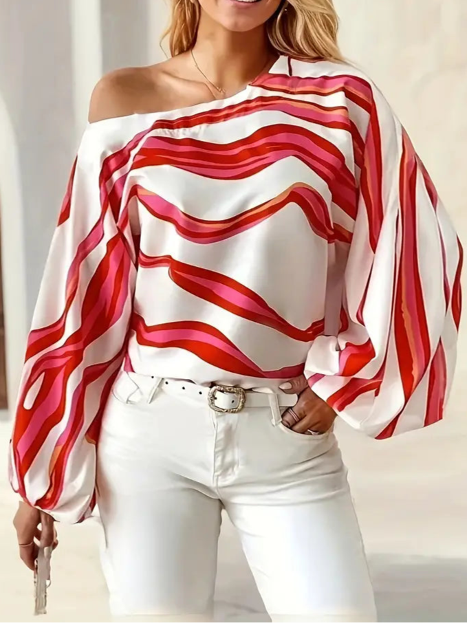 Blouse asymétrique | Détail épaule dénudée et imprimé graphique