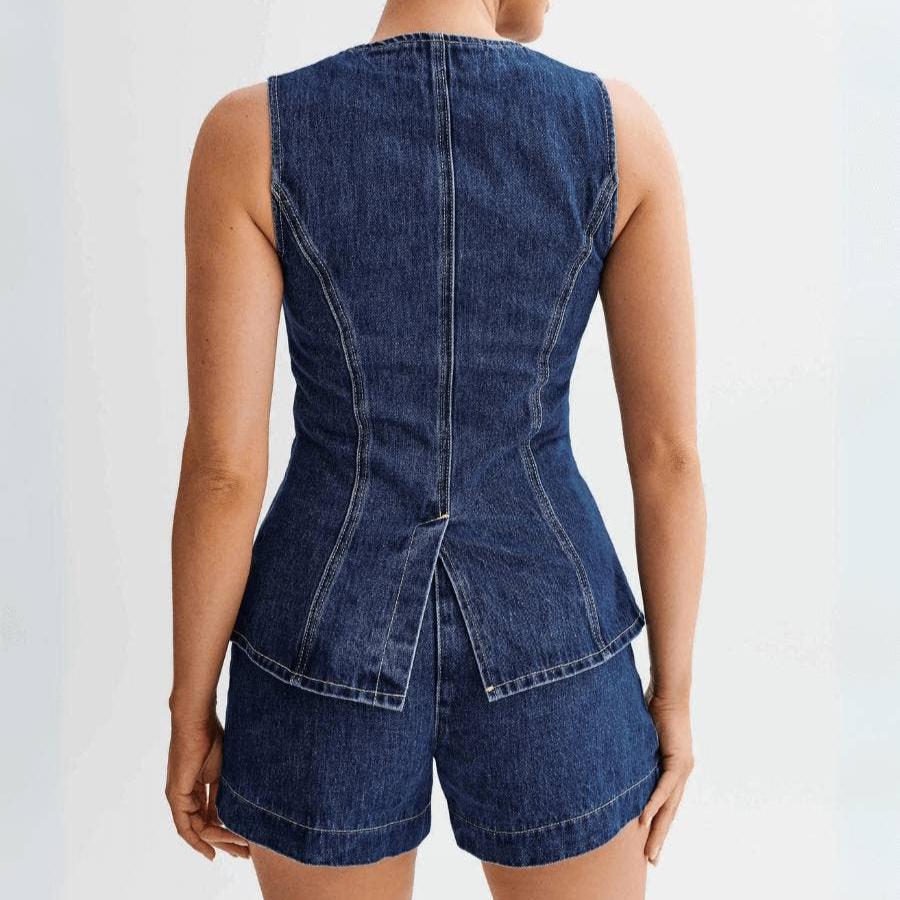 Haut sans manches en jean | Élégance moderne avec boutons dorés