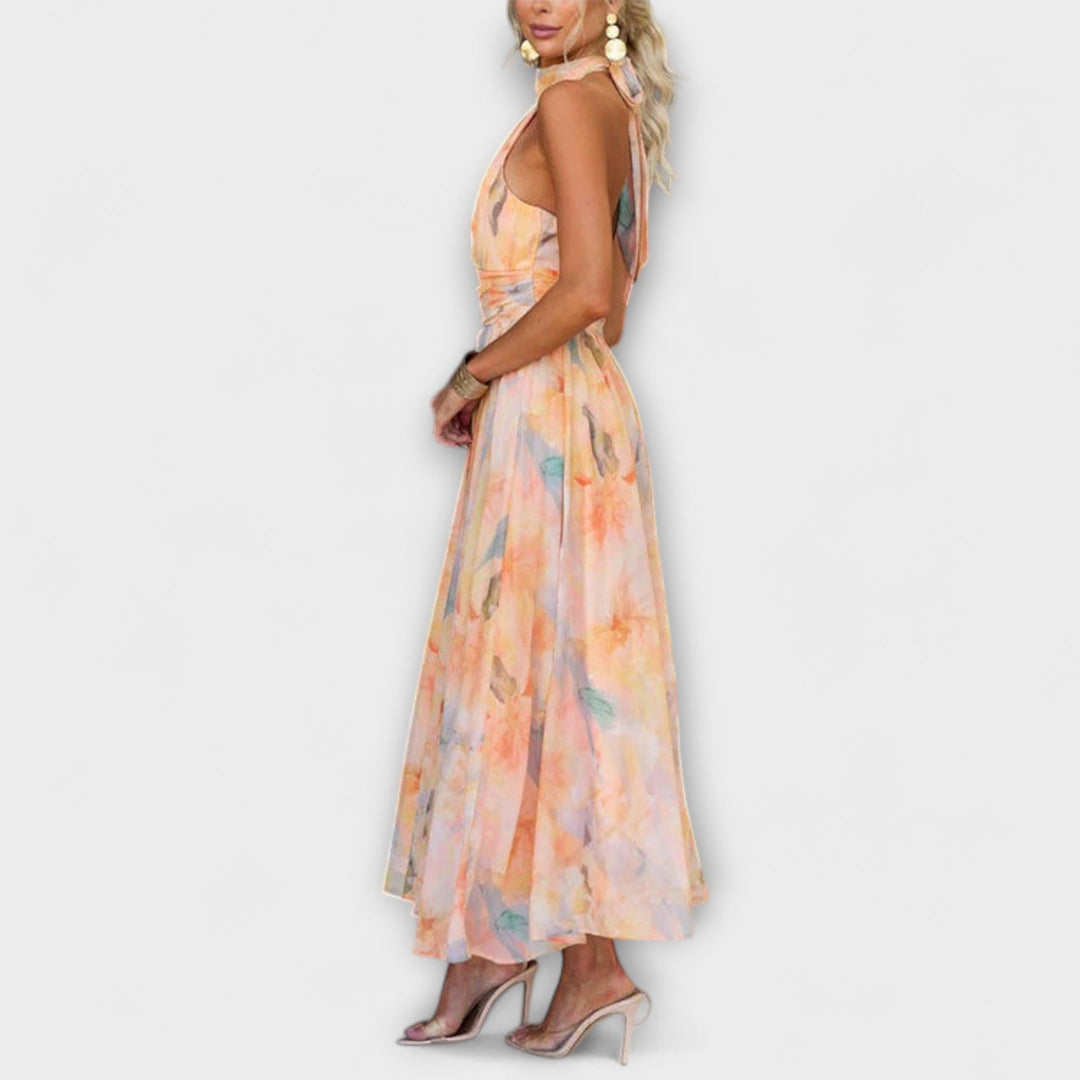 Robe maxi à col halter | Élégance fluide avec imprimé aquarelle