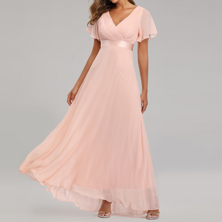 Robe de Soirée Élégante à Col en V et Manches Volantes | Silhouette Intemporelle pour Toutes les Occasions