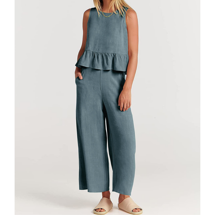 Ensemble Décontracté Haut Sans Manches à Volants & Pantalon Large | Tenue Deux Pièces Été