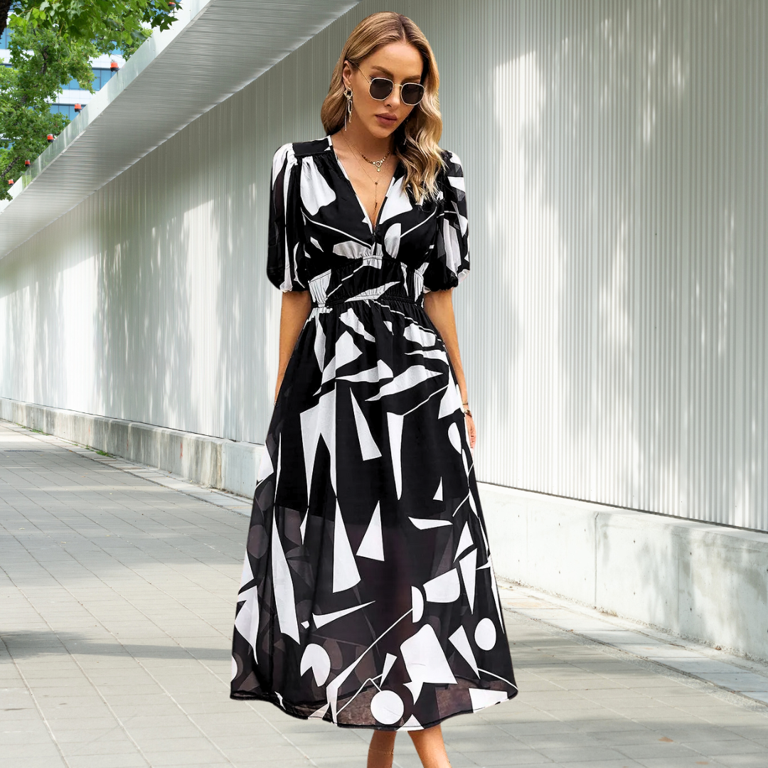 Robe midi fluide imprimée | Élégance géométrique