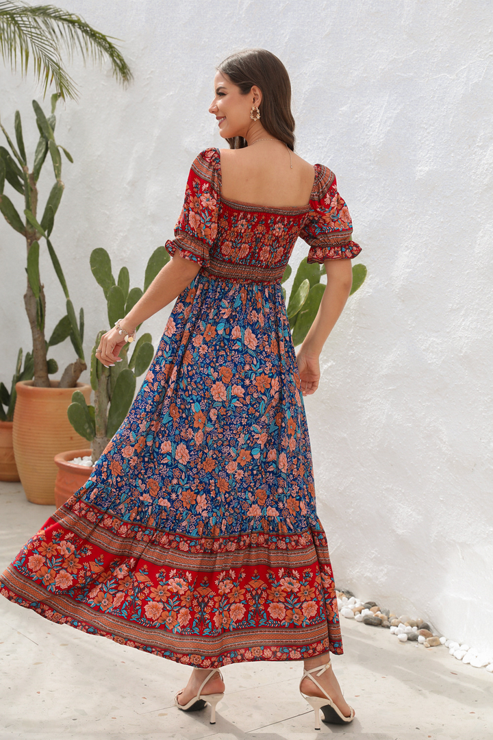 Robe maxi bohème | Détails smockés et allure fluide