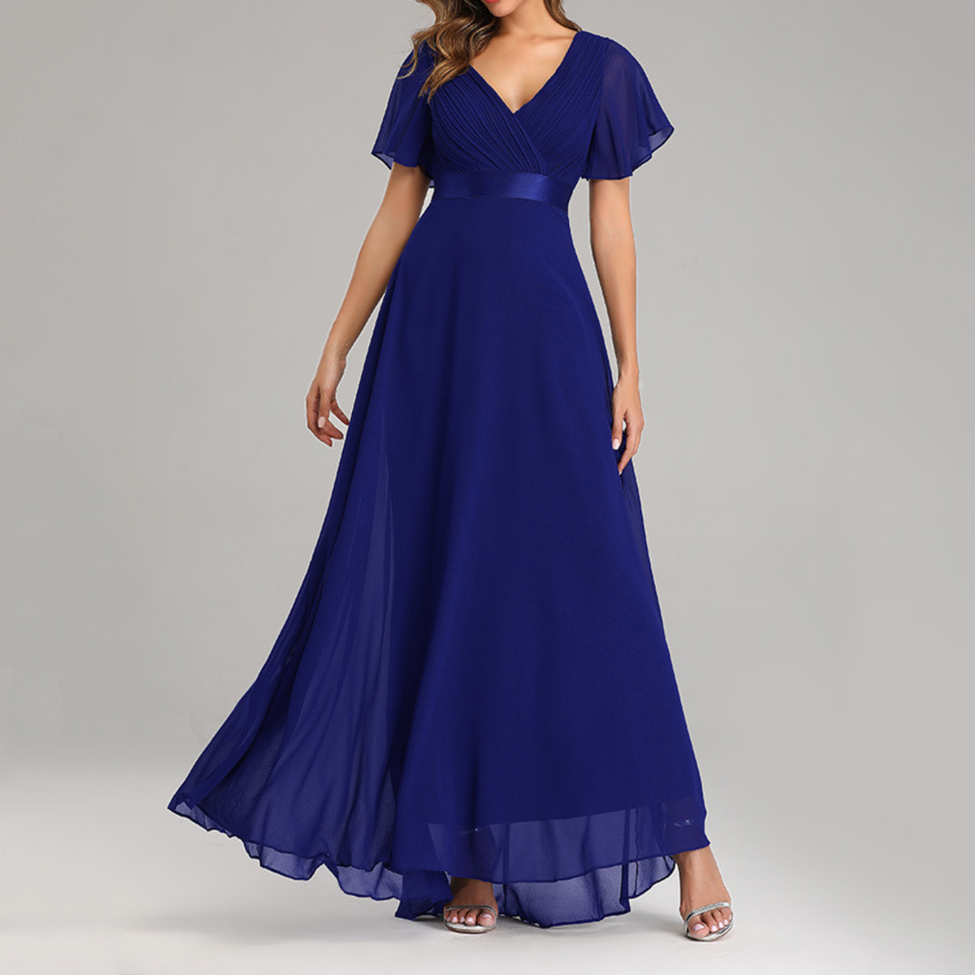 Robe de Soirée Élégante à Col en V et Manches Volantes | Silhouette Intemporelle pour Toutes les Occasions