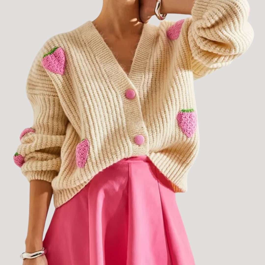 Cardigan épais à détails fraise | Style ludique et cosy