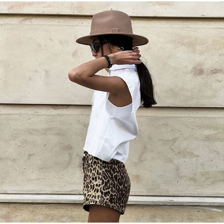 Short en jean taille haute à imprimé léopard | Look estival tendance