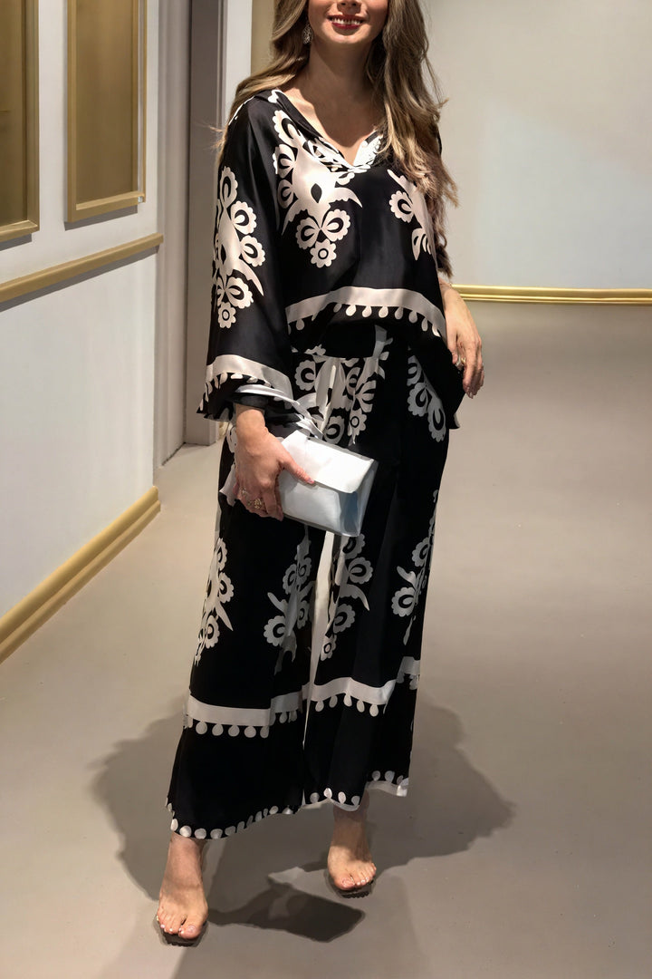 Ensemble large satiné | Élégance florale de soirée