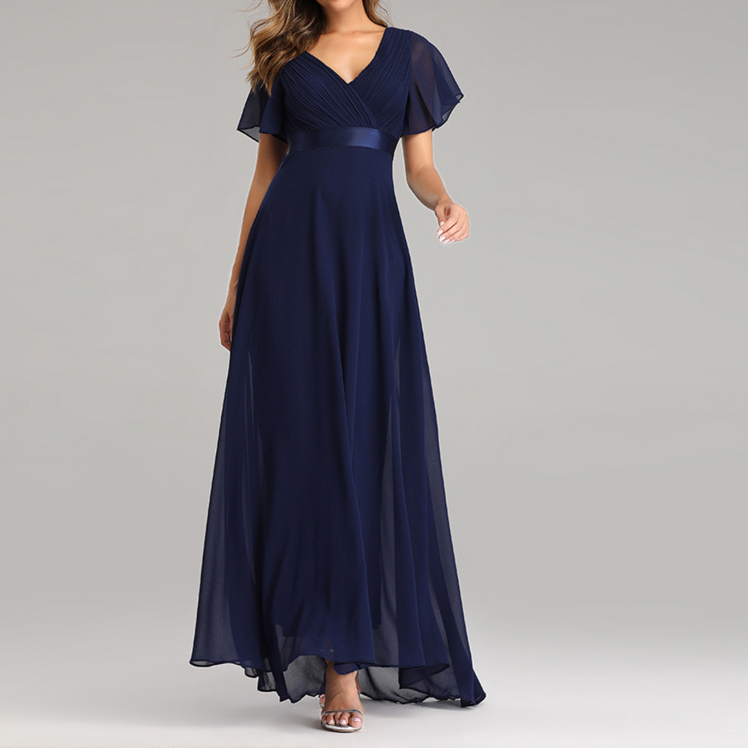 Robe de Soirée Élégante à Col en V et Manches Volantes | Silhouette Intemporelle pour Toutes les Occasions