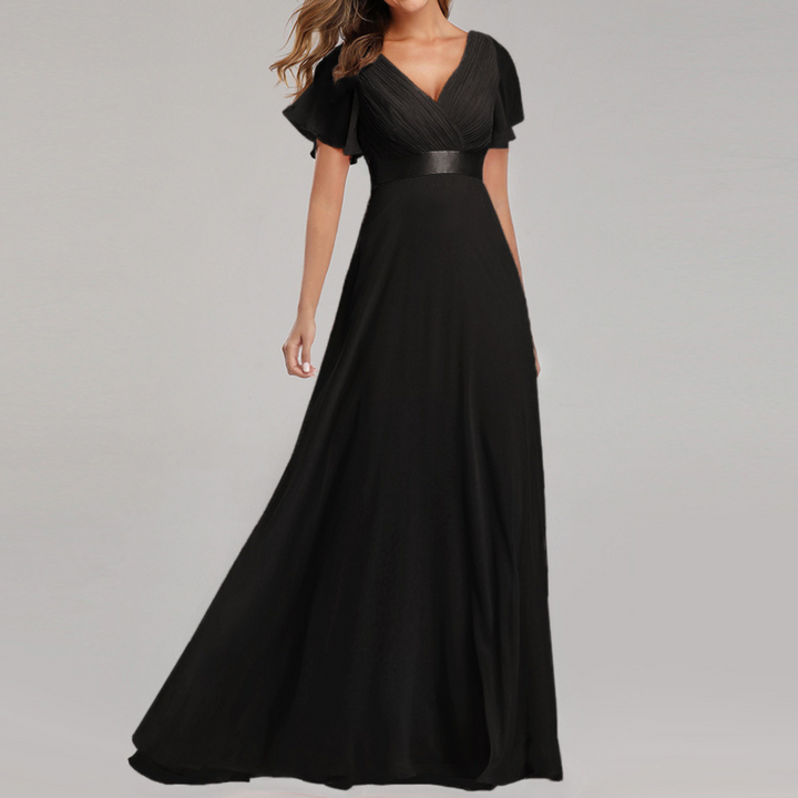 Robe de Soirée Élégante à Col en V et Manches Volantes | Silhouette Intemporelle pour Toutes les Occasions